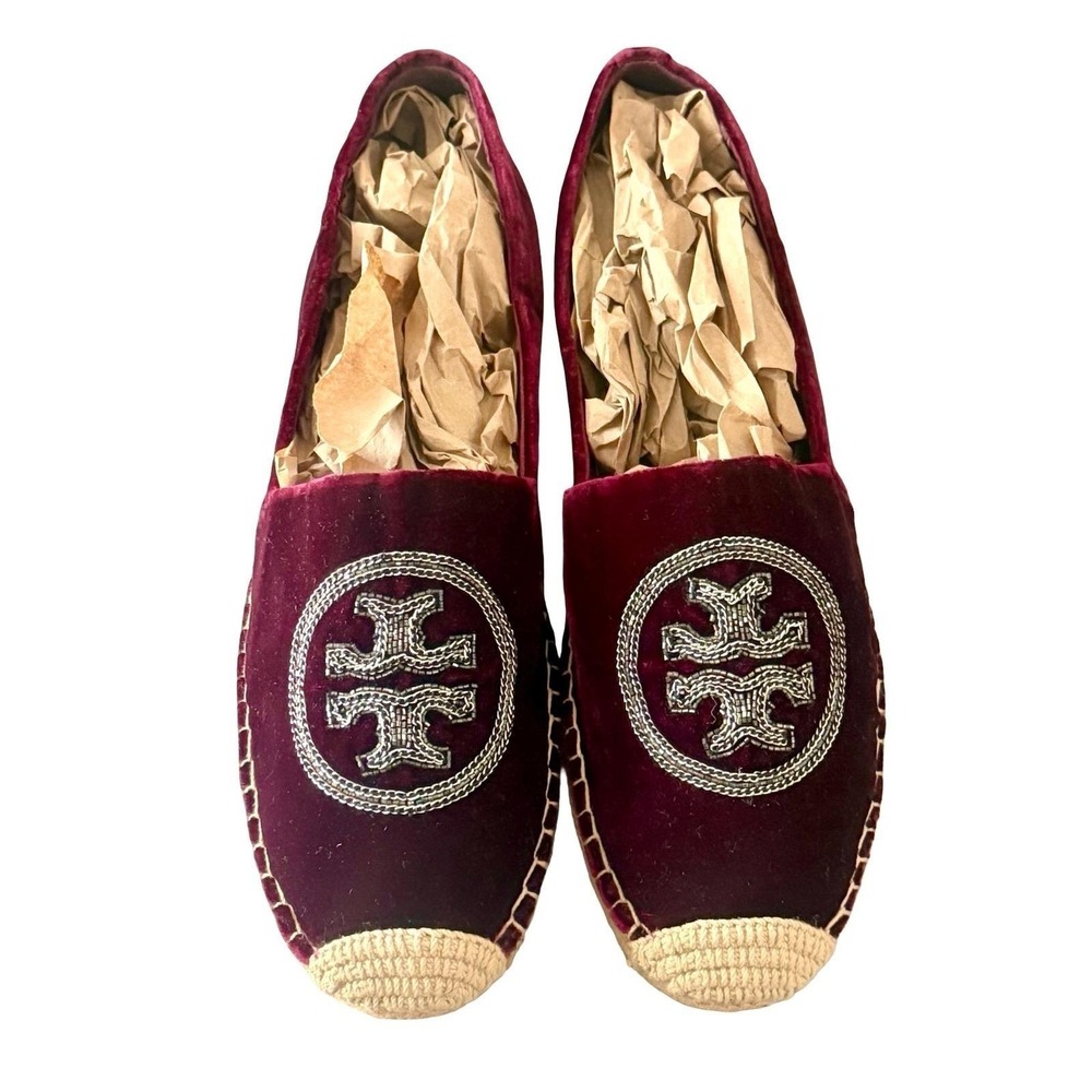 Tory Burch Poppy Metallic Logo Velvet Espadrilles Burgundy Wine 10.5M 5585 - Picture 4 of 16